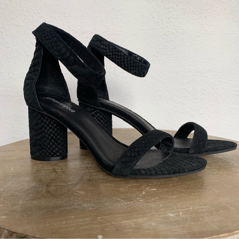 Jeffrey Campbell Laura Ankle Strap Heeled Sandals Black Suede Embossed Size 8 - Picture 2 of 12